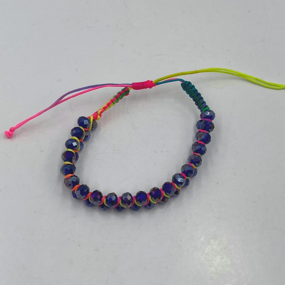 Vintage Boho Dark Blue Crystal Macrame Adjustable Bracelet Neon Pink Yellow Cord